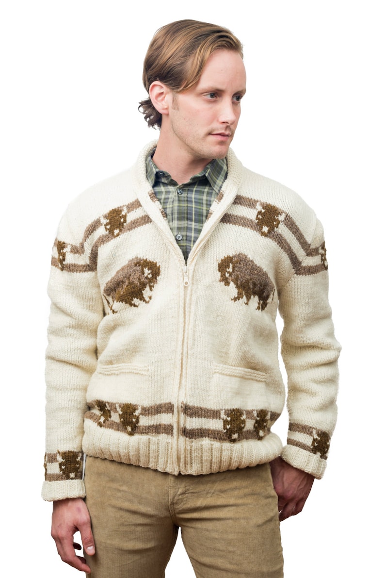 Custom Cowichan Sweater, Mary Maxim Buffalo Handmade Cardigan Jumper made to order image 2