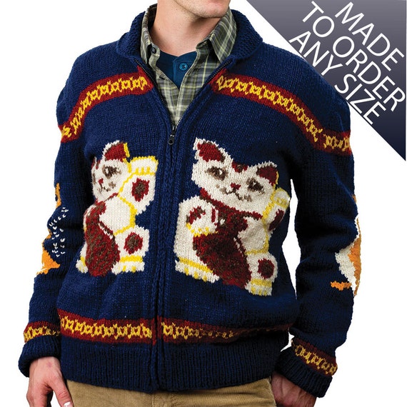 Men's Sweater Hand Knit Wool Lucky Cat Cardigan Sweater Made to Order  Maneki-neko Women's Sweater Christmas Sweater -  Israel