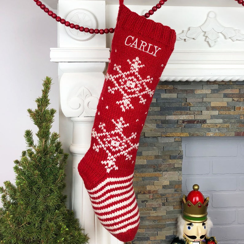 Personalized Christmas Stockings Hand Knit Wool Stockings Red and White image 3