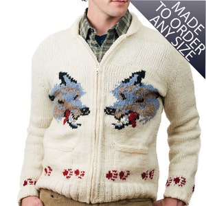 Mary Maxim Wolf Sweater Handmade Wool Cardigan Canadian Style Sweater Made To Order 449.101.MTO