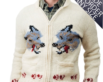 Handmade Wool Wolf Cardigan: Mary Maxim Canadian Style Sweater