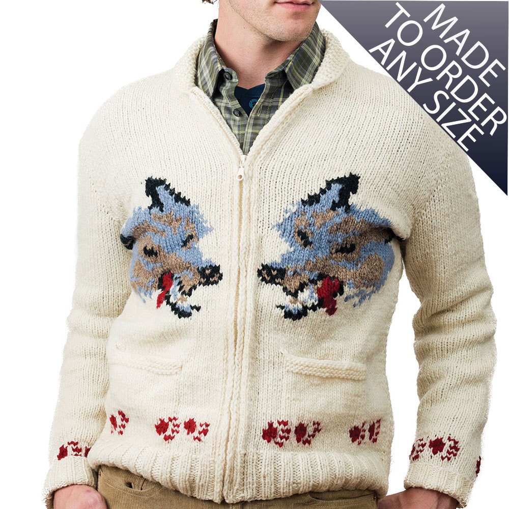Mary Maxim Wolf Sweater Handmade Wool Cardigan Canadian Style