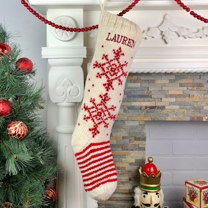 Personalized Christmas Stocking / Hand Knit Christmas Stocking - White and Red Snowflake Sock
