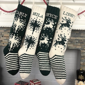 Christmas Stockings Personalized , Knit Wool Fair Isle Stockings, Custom Stockings, White and Green Stockings, Hand Knit Holiday Stockings