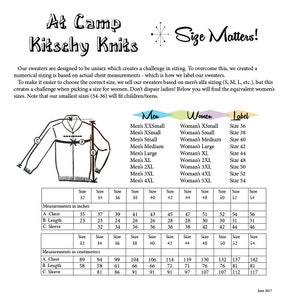 May include: A size chart from At Camp Kitschy Knits, with the text "Size Matters!" The chart includes measurements in inches and centimeters for chest, length, and sleeve. It also shows a diagram of a sweater with labeled measurement points.