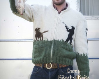 Hand Knit Wool Cardigan Sweater: Pheasant Hunt Design (Made to Order)