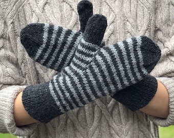 Wool mittens hand knit gifts stocking stuffer Gifts Under 35 light and dark Gray Striped