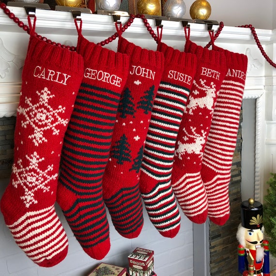 Personalized Christmas Stockings Hand Knit Wool Stockings Red and White 