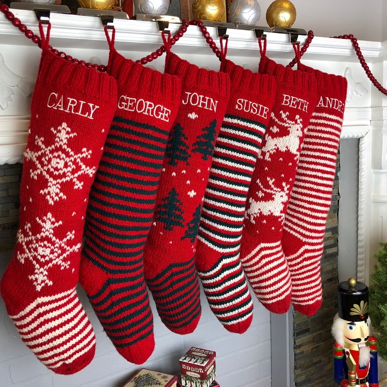 Personalized Christmas Stockings Hand Knit Wool Stockings Red and White image 1