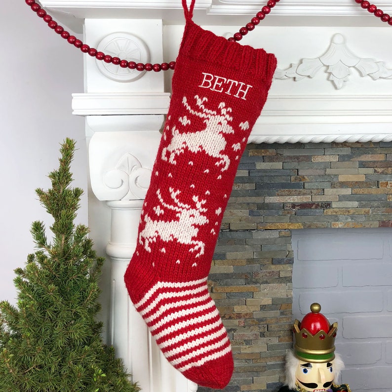 Personalized Christmas Stockings Hand Knit Wool Stockings Red and White image 7