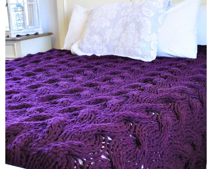 IN STOCK Queen Size Chunky Cable Knit Blanket in Deep Purple Etsy