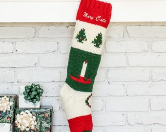 Christmas Stocking knit Candle Tree Personalized Bernat Custom Wool Embroidered Vintage Style Holiday Sock