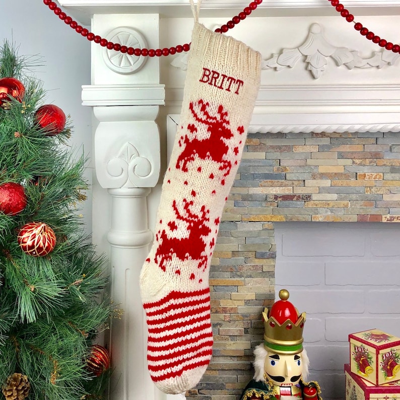 Personalized Christmas Stockings Hand Knit Wool Stockings White With Red Accents White Deer