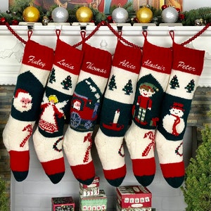 Personalized Christmas stockings hand knit wool vintage Santa sock Red White Green Vintage Style Bernat Stockings