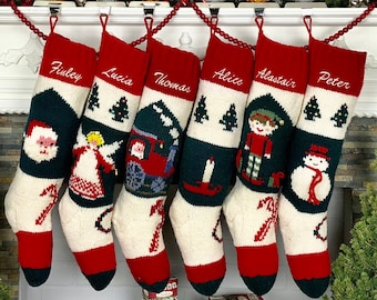 Personalized Christmas stockings hand knit wool vintage Santa sock Red White Green Vintage Style Bernat Stockings