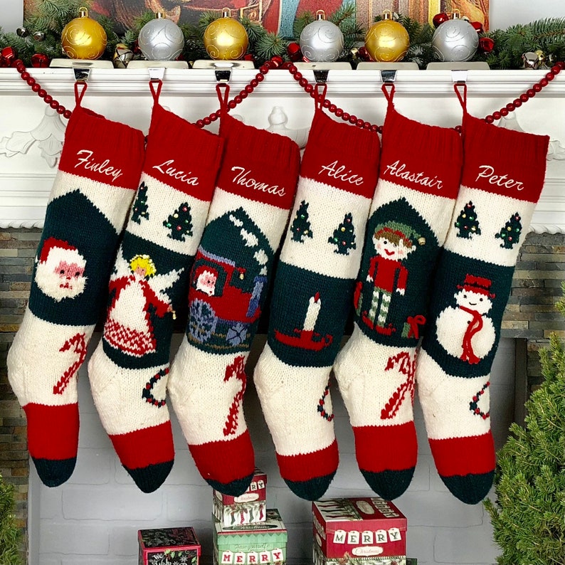 Personalized Christmas stockings hand knit wool vintage Santa sock Red White Green Vintage Style Bernat Stockings image 1