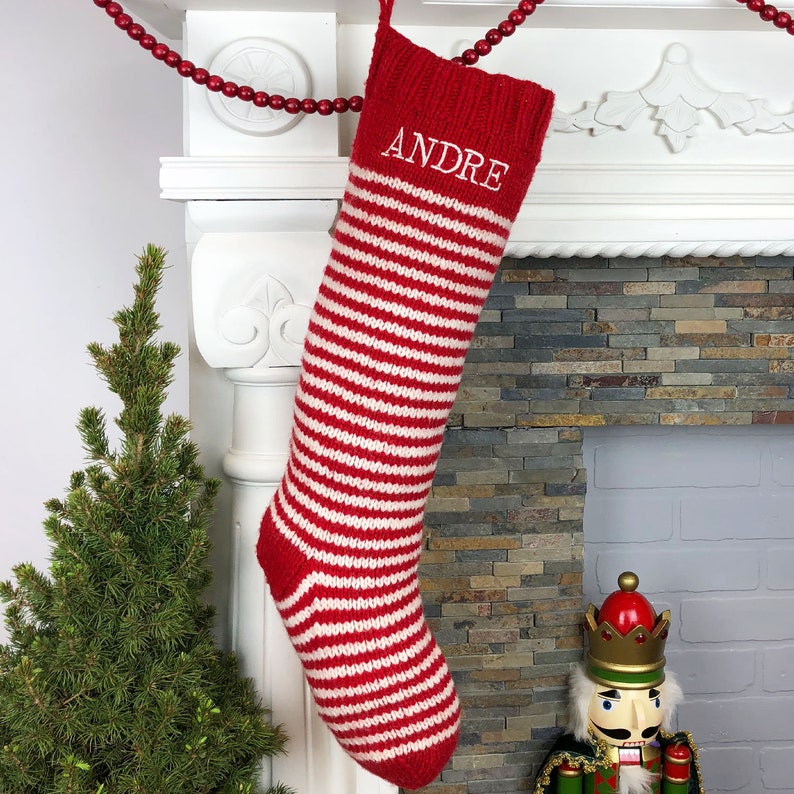 Personalized Christmas Stockings Hand Knit Wool Stockings Red and White image 8