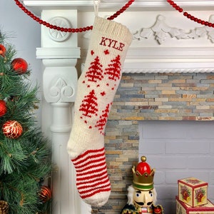 Personalized Christmas Stocking / Hand Knit Christmas Stocking - White and Red Christmas tree holiday sock