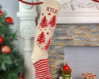 Personalized Christmas Stocking / Hand Knit Christmas Stocking - White and Red Christmas tree holiday sock
