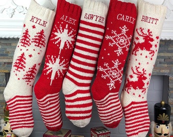 Personalized Christmas Stockings Hand Knit Wool Stockings White Red