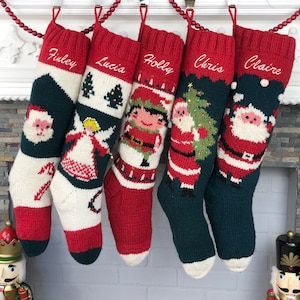 Personalized Hand Knit Wool Christmas Stocking: Santa, Angel, Tree