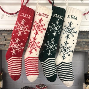 Christmas Stockings Personalized , Knit Wool Fair Isle Stockings, Custom Stockings, White and Green Stockings, Hand Knit Holiday Stockings