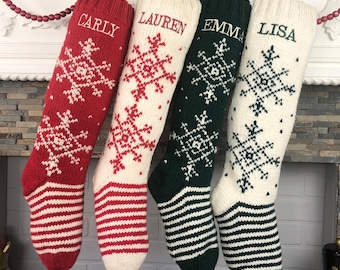 Christmas Stockings Personalized , Knit Wool Fair Isle Stockings, Custom Stockings, White and Green Stockings, Hand Knit Holiday Stockings