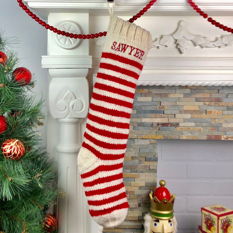 Personalized Christmas Stockings Hand Knit Wool Stockings White With Red Accents White Stripes