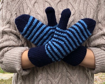 Wool mittens hand knit gifts stocking stuffer Gifts Under 35 Navy and Blue Stripes