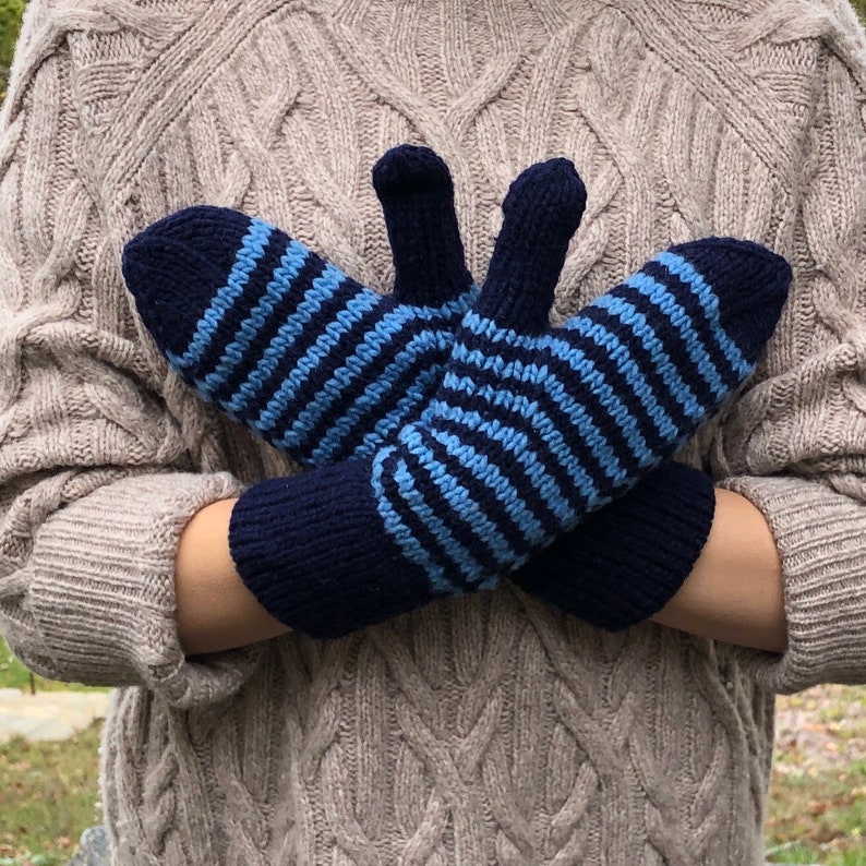 Wool mittens hand knit gifts stocking stuffer Gifts Under 35 Navy and Blue Stripes image 1