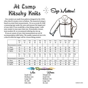 May include: A size chart for sweaters, with measurements in inches and centimeters. The chart includes chest, length, and sleeve measurements for sizes 32 to 54. The chart also includes fit recommendations for men and women.