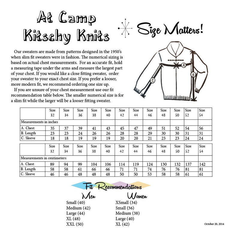 May include: A size chart for sweaters, with measurements in inches and centimeters. The chart includes chest, length, and sleeve measurements for sizes 32 to 54. The chart also includes fit recommendations for men and women.