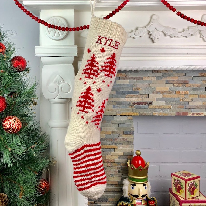 Personalized Christmas Stockings Hand Knit Wool Stockings White With Red Accents White Tree Stocking