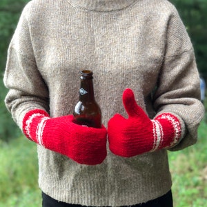 Beer Mittens red and white wool Beer Mittens Drinking Gloves mitten set tailgating camping gifts stocking stuffer