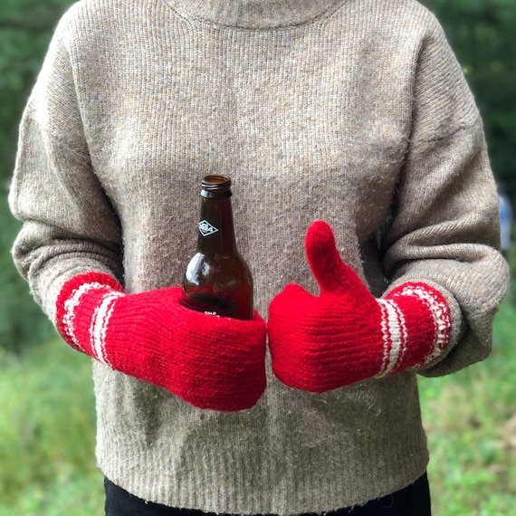 Mitaines de bière en laine rouge et blanche, gants à boire