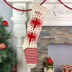 Personalized Christmas Stockings Hand Knit Wool Stockings White With Red Accents White Star