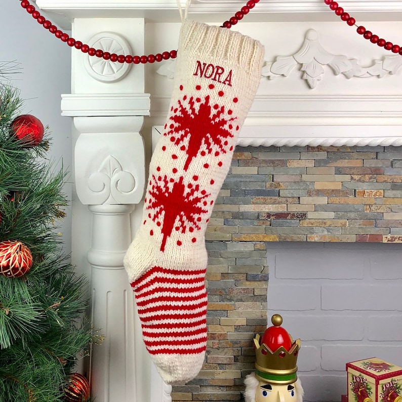 Personalized Christmas Stockings Hand Knit Wool Stockings White With Red Accents White Star