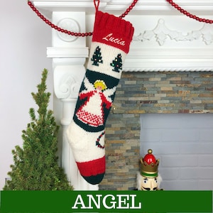 Personalized Christmas stockings hand knit wool vintage Santa sock Red White Green Vintage Style Bernat Stockings Angel