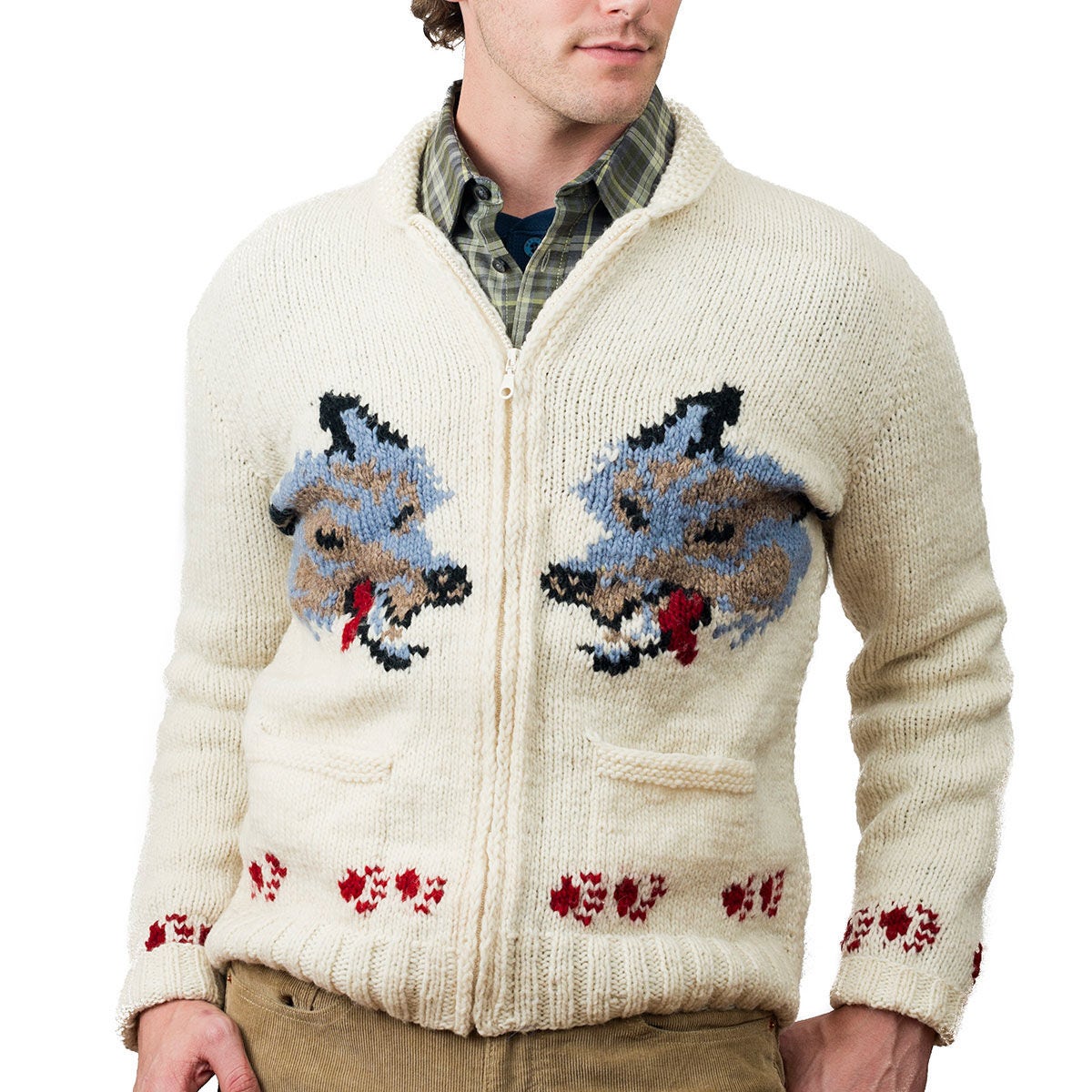 Mary Maxim Wolf Sweater Handmade Wool Cardigan Canadian Style