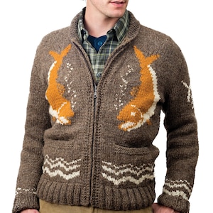 Hand-Knit Angler's Pride Wool Cardigan: Mary Maxim Inspired Fishing Sweater