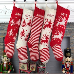 Personalized Christmas Stockings Hand Knit Wool Stockings White Red