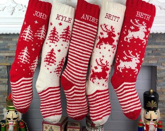 Personalized Christmas Stockings Hand Knit Wool Stockings White Red