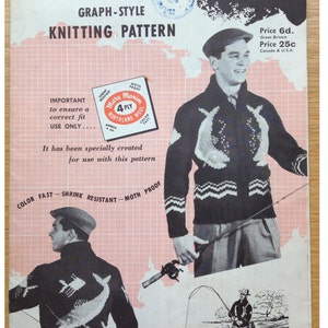 May include: Vintage knitting pattern titled "Angler's Pride" by Mary Maxim. The pattern features a graph-style design for a 4-ply cardigan with fish motifs. The image includes a man wearing the cardigan and fishing. The pattern is colorfast, shrink-resistant, and moth-proof.