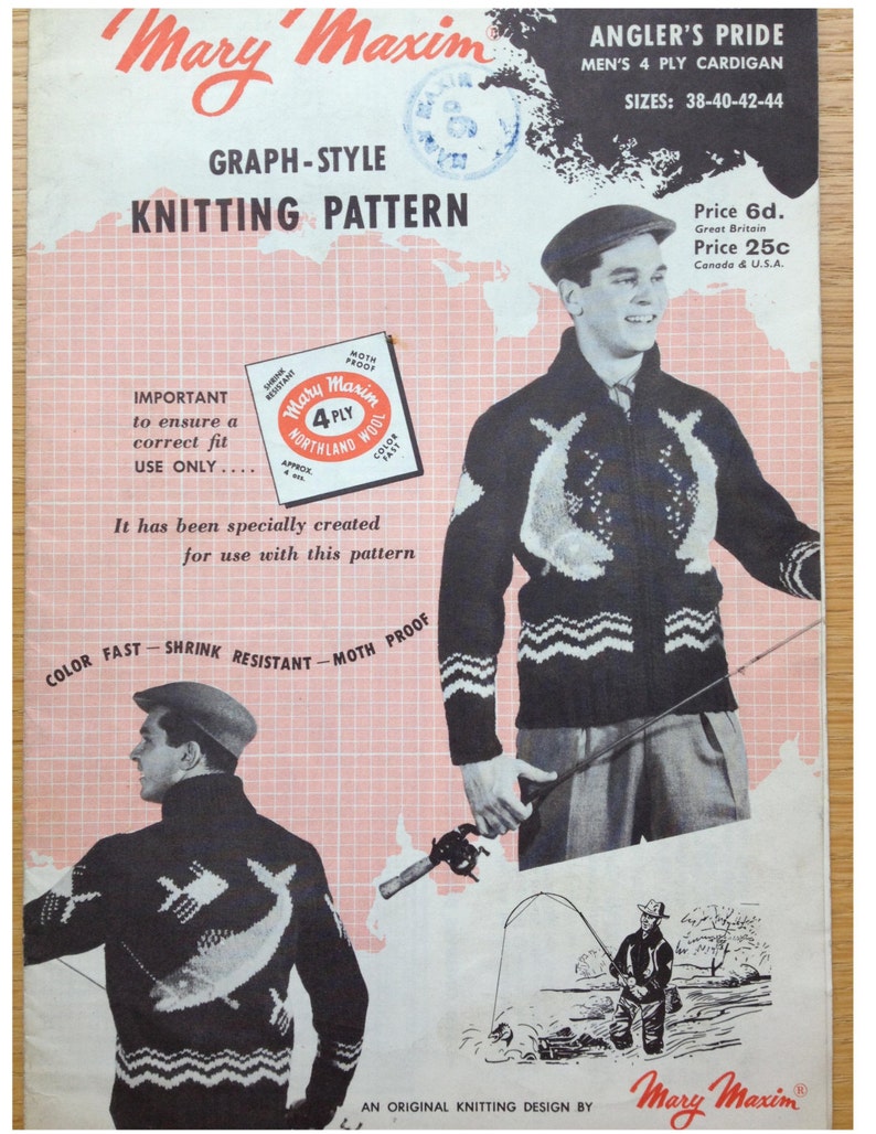 May include: Vintage knitting pattern titled "Angler's Pride" by Mary Maxim. The pattern features a graph-style design for a 4-ply cardigan with fish motifs. The image includes a man wearing the cardigan and fishing. The pattern is colorfast, shrink-resistant, and moth-proof.