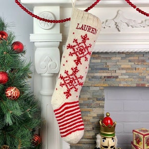 Personalized Christmas Stockings Hand Knit Wool Stockings White With Red Accents White Snowflake