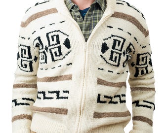 Men's cardigan sweater Dude style costume hand knit wool Cowichan style men's zip winter sweater