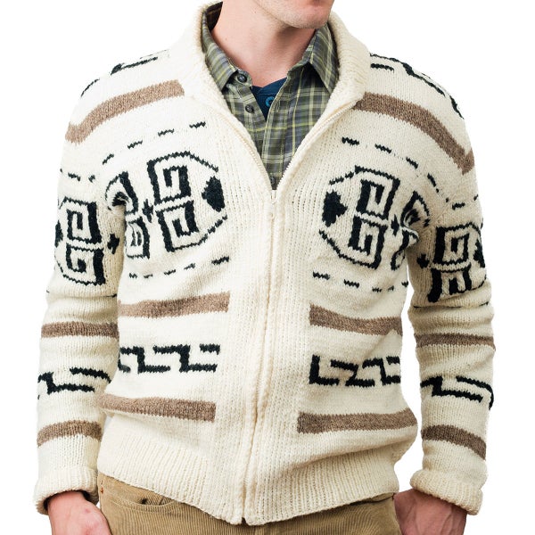 Men's cardigan sweater Dude style costume hand knit wool Cowichan style men's zip winter sweater