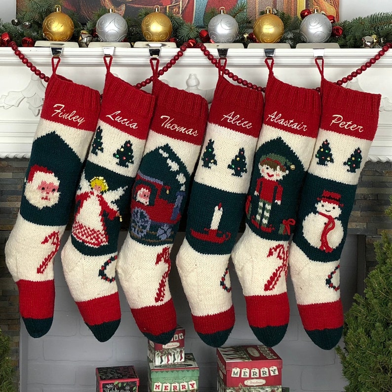 Personalized Christmas stockings hand knit wool vintage Santa sock Red White Green Vintage Style Bernat Stockings image 9