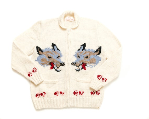 Mary Maxim Wolf Sweater Handmade Wool Cardigan Canadian Style - Etsy Canada