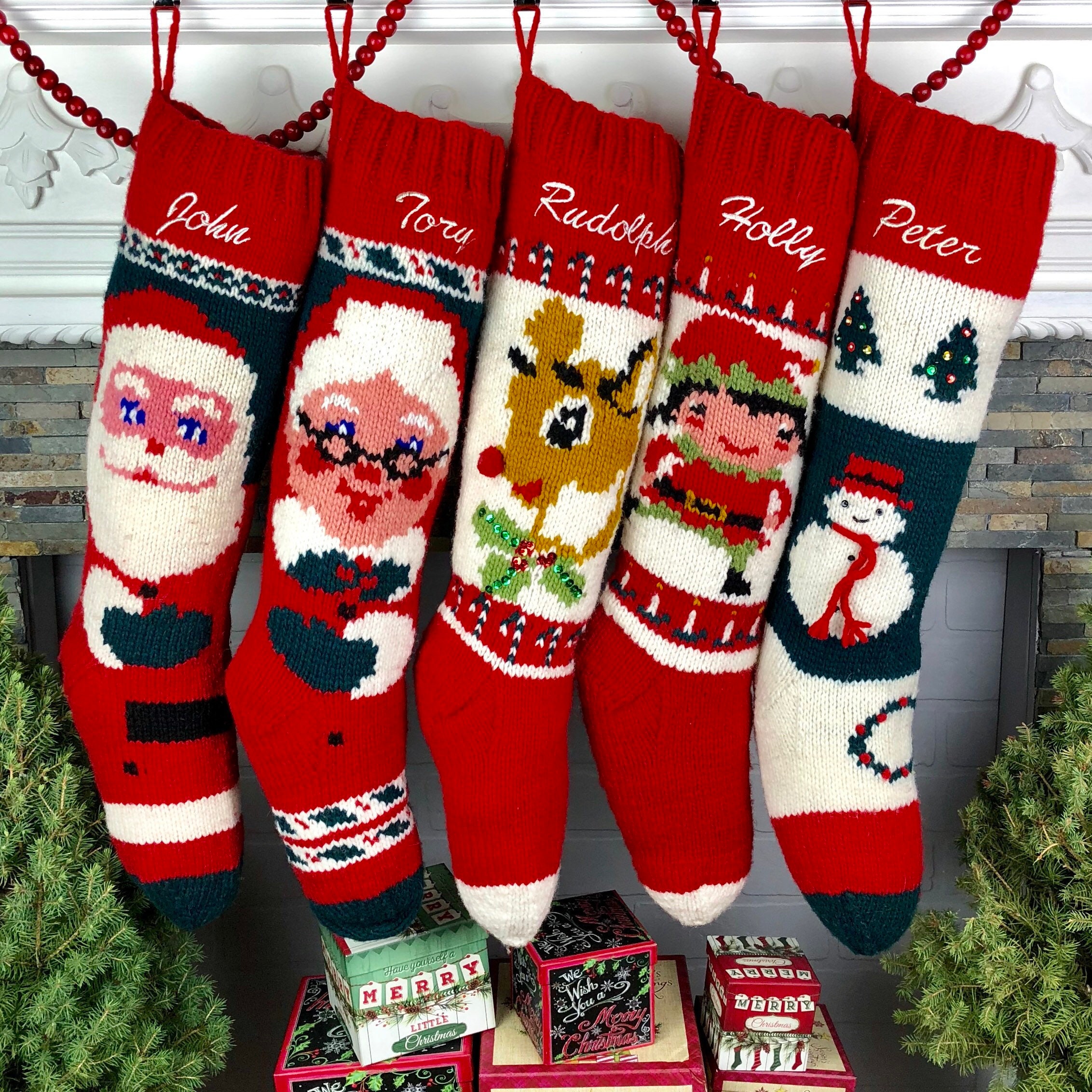 Cozy Designs Holiday Spirit Ethnic Family Socks Wall Hanging Ready to Ship Christmas Hand Knit Stockings Traditional Home Decor